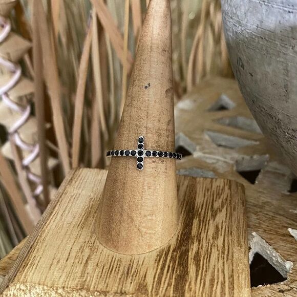 Sterling Silver Black Cz Sideways Cross Ring - Picture 2 of 6